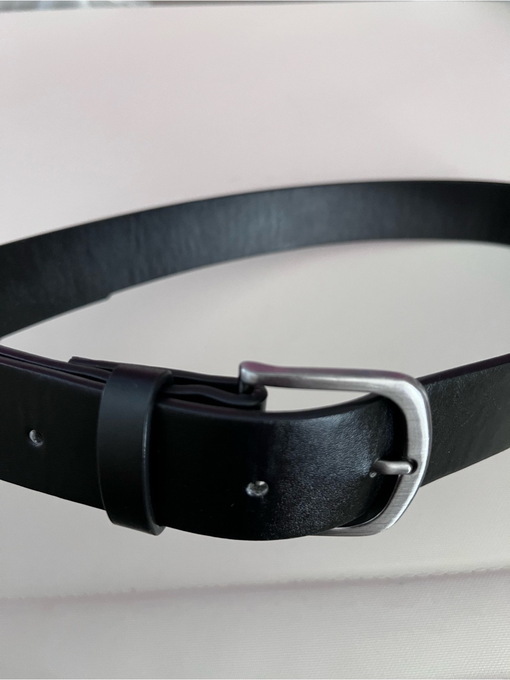 Men's Classic Black Leather Belt with Brushed Silver Buckle. 36” length